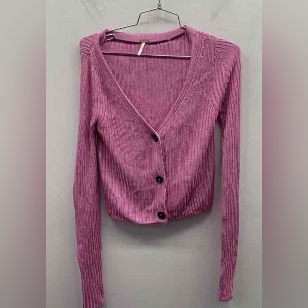 Free People Ribbed Pink Cropped Cardigan Sweater - Picture 1 of 3
